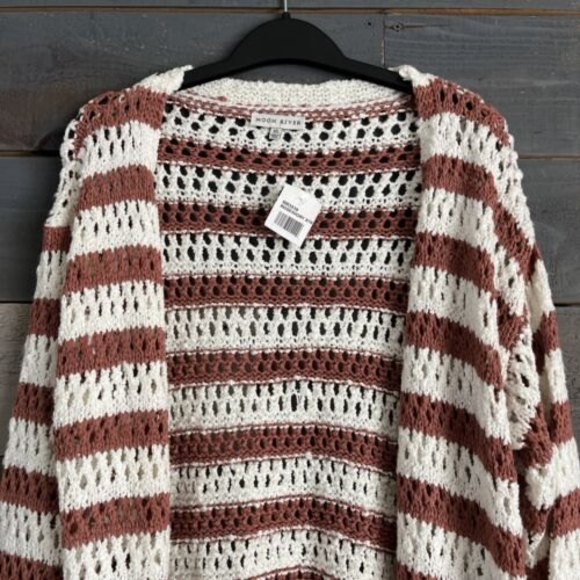 Moon River Striped Pointelle Crochet Open Front Knit Midi Cardigan - Picture 3 of 9